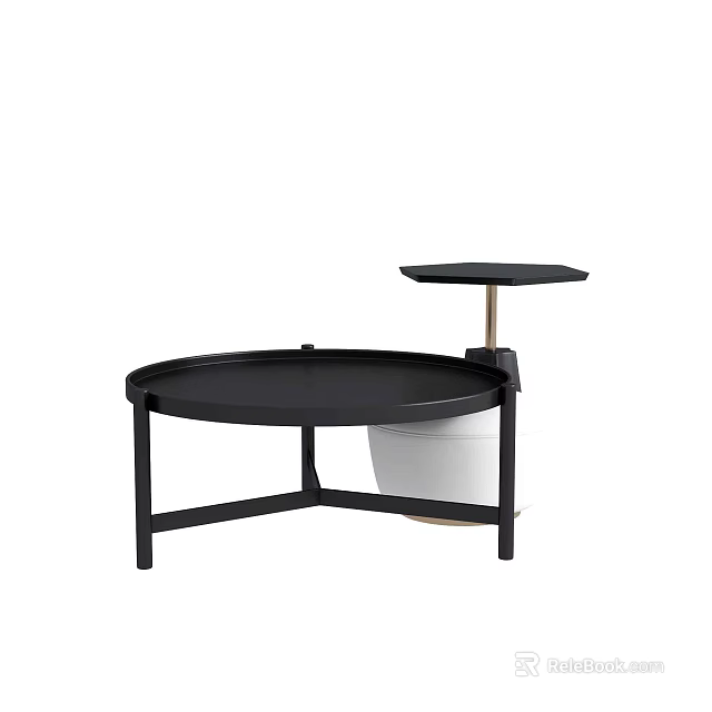 Modern Black Coffee Table With Round Top Metal Frame And Side Storage Tray 3d model