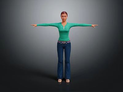 Woman In Green Top And Blue Jeans With Arms Outstretched On Gray Background 3d model