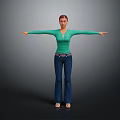 Woman In Green Top And Blue Jeans With Arms Outstretched On Gray Background