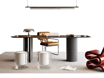 Modern Italian Desk and Chair Combination Leather Chair Acrylic Stool Rock Board Desk Lamp Flat Chandelier 3d model