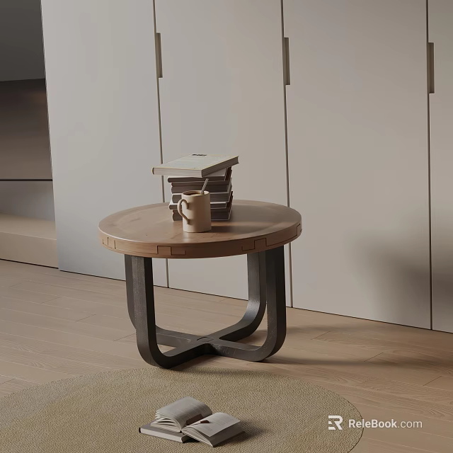 Round Wooden Side Table With Stacked Books And Mug In Modern Living Room Interior 3d model 