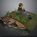 Rustic Waterside Scene With Wooden Boat Gramophone Small Bench Flowers And Green Grass