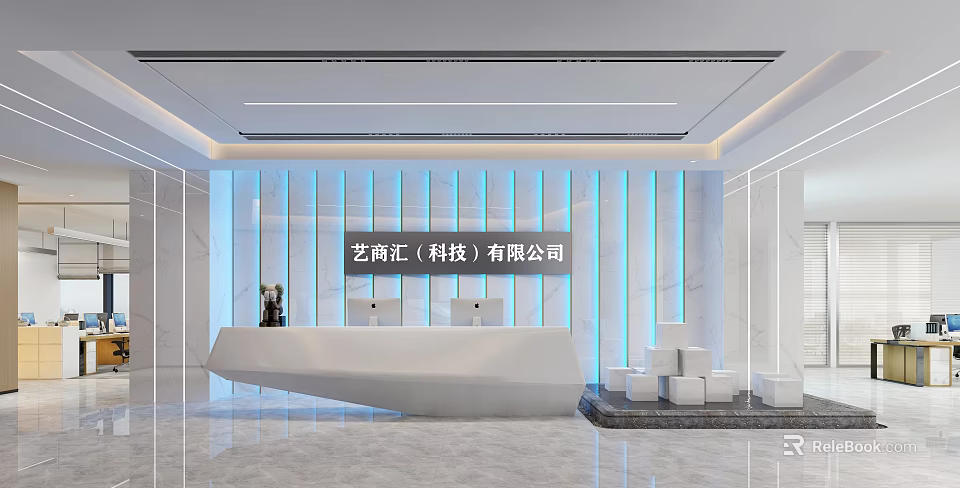 Modern Corporate Office Reception Desk With White Counter Blue Striped Backdrop And Ceiling Lighting 3d model 