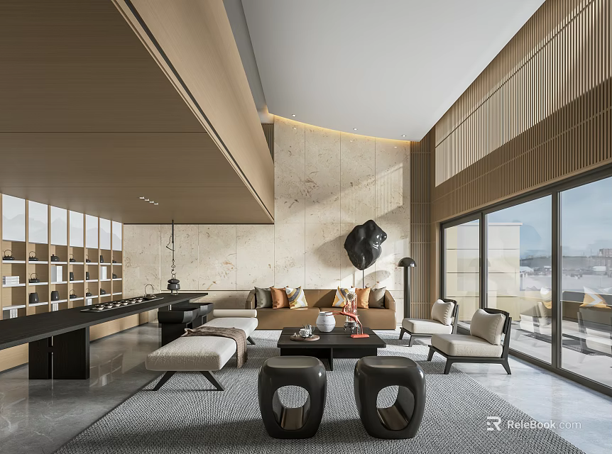 Elegant Modern Duplex Living Room Interior With Large Windows Sofa Coffee Tables Rug And Bookshelf 3d model 