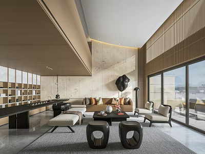 Elegant Modern Duplex Living Room Interior With Large Windows Sofa Coffee Tables Rug And Bookshelf 3d model
