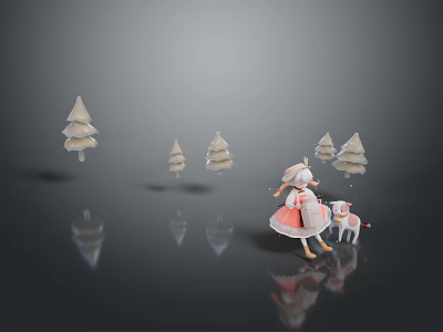 Little Girl In Pink Dress Playing With Lamb Near Christmas Trees 3d model