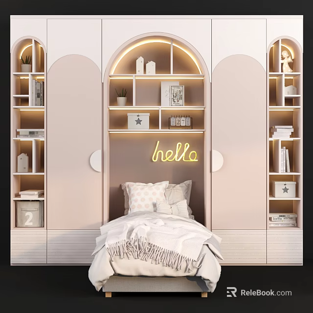 Cozy Kids Bed With Arched Bookshelves Hello Neon Sign Soft Pillows And Plants 3d model 