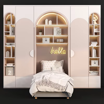 Cozy Kids Bed With Arched Bookshelves Hello Neon Sign Soft Pillows And Plants 3d model