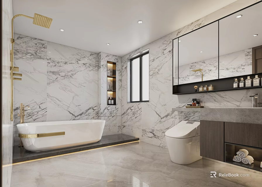 Modern Luxury Bathroom With Marble Walls Golden Fixtures Bathtub And Smart Toilet 3d model 