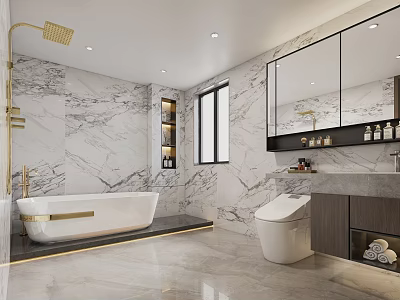 Modern Luxury Bathroom With Marble Walls Golden Fixtures Bathtub And Smart Toilet 3d model