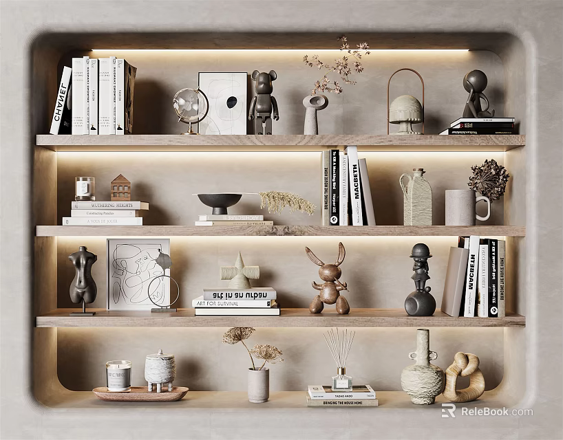 Decorative Ornament Set On Illuminated Shelf With Books Sculptures Vases And Frames 3d model 
