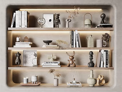 Decorative Ornament Set On Illuminated Shelf With Books Sculptures Vases And Frames 3d model