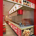 Shopping Mall Food Store with Red Interior Tables Chairs and Food Display Posters