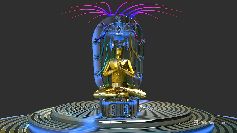 Golden Meditation Statue Commercial Equipment With Transparent Cover Colorful Lines And Spiral Base 3d model 