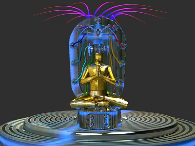 Golden Meditation Statue Commercial Equipment With Transparent Cover Colorful Lines And Spiral Base 3d model