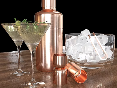 Refreshing Cocktails With Copper Shaker Martini Glasses Ice Cubes Tongs And Wooden Table 3d model