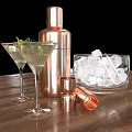 Refreshing Cocktails With Copper Shaker Martini Glasses Ice Cubes Tongs And Wooden Table