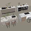 Modern Bar Counter Design With Marble Top Stools Cabinets And Plants