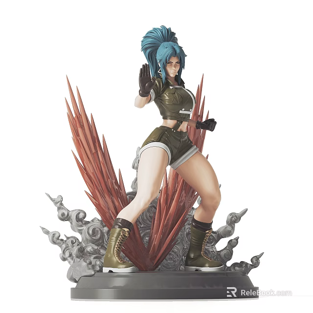 Detailed Sculpture of Female Figure with Blue Hair Green Clothing Red Ornaments and Gray Base 3d model 
