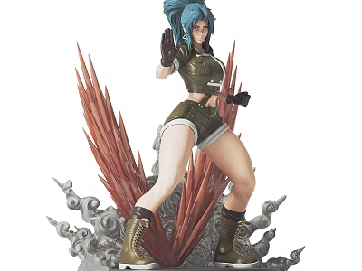 Detailed Sculpture of Female Figure with Blue Hair Green Clothing Red Ornaments and Gray Base 3d model