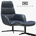 Eichholtz Modern Navy Blue Leather Lounge Chair With Ottoman And Metal Base