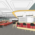 Modern Restaurant Interior With Red Seating Bar Counter Metallic Columns And Open Layout 3d model