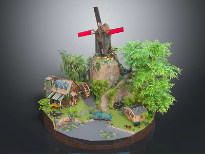 Miniature Natural Scene With Windmill Green Trees Small Houses And Stone Bridge 3d model