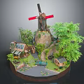 Miniature Natural Scene With Windmill Green Trees Small Houses And Stone Bridge