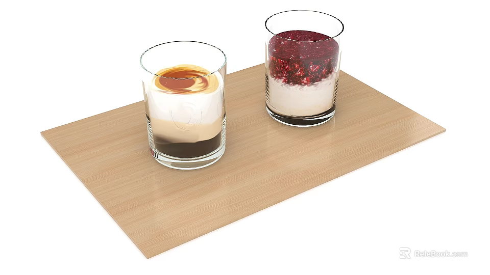 Layered Desserts in Two Glasses on Wooden Tray with Cream and Berries 3d model 