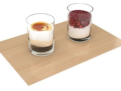 Layered Desserts in Two Glasses on Wooden Tray with Cream and Berries 3d model