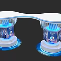 Exhibition Island Modern Design Featuring Blue Lighting Top Decorations And Display Screens On White Pedestals