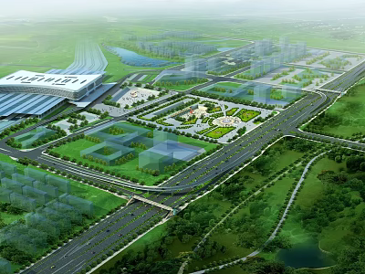Aerial View Urban Planning With High Speed Railway Station Green Space And Roads 3d model