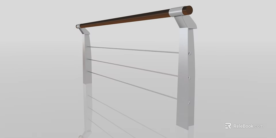 Modern Stainless Steel Railing With Silver Metal Posts Horizontal Rails And Wooden Handrail Design 3d model 