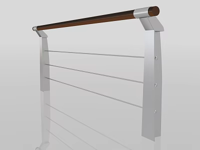 Modern Stainless Steel Railing With Silver Metal Posts Horizontal Rails And Wooden Handrail Design 3d model