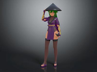 3D Model Character With Green Hair Purple Outfit Conical Hat And Thigh High Socks 3d model