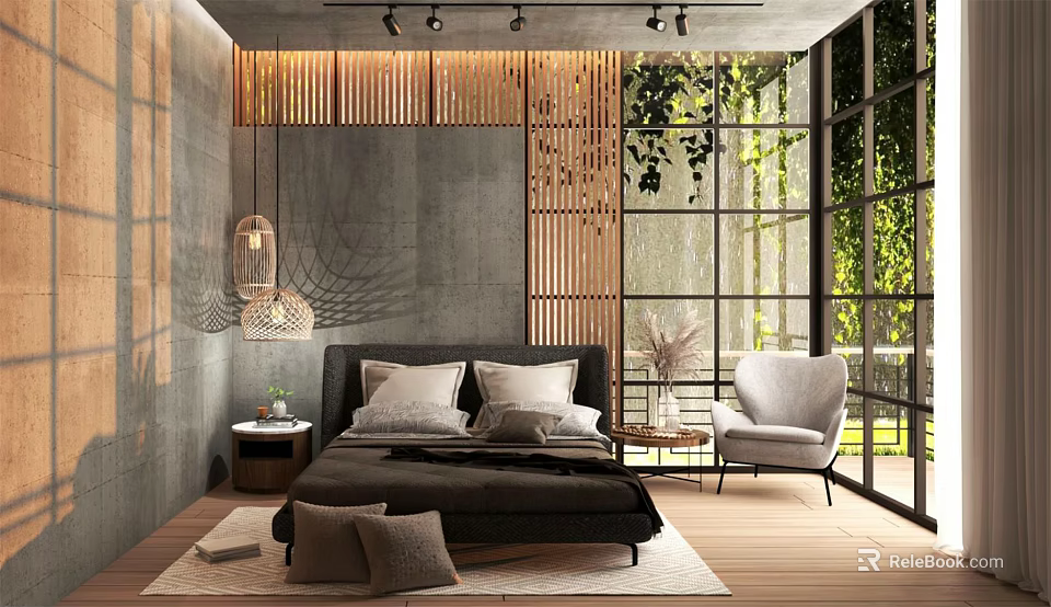 Contemporary Bedroom Interior Design With Wooden Slat Wall Large Bed Armchair And Floor To Ceiling Windows 3d model 
