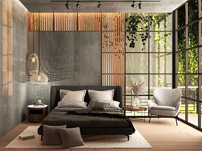 Contemporary Bedroom Interior Design With Wooden Slat Wall Large Bed Armchair And Floor To Ceiling Windows 3d model