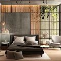 Contemporary Bedroom Interior Design With Wooden Slat Wall Large Bed Armchair And Floor To Ceiling Windows