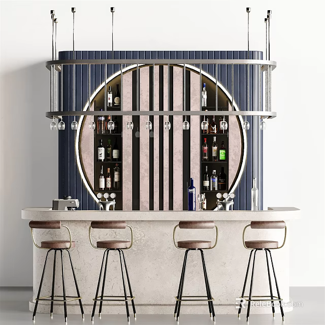 Modern Bar Counter Design With Stools Wine Bottles And Decorative Backdrop 3d model 