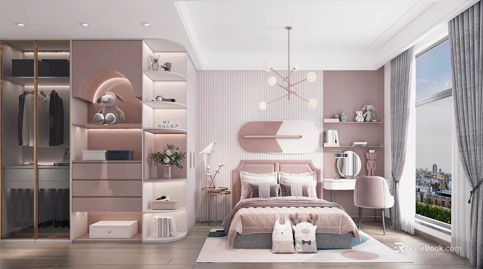 Cozy Pink Kids Room Interior With Bookshelves Chandelier Bed Rabbit Toys Rug And Desk Chair 3d model 