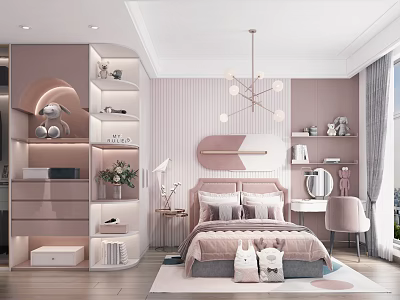 Cozy Pink Kids Room Interior With Bookshelves Chandelier Bed Rabbit Toys Rug And Desk Chair 3d model