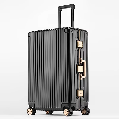 Black Vertical Striped Luggage With Gold Metal Hardware And Telescopic Handle 3d model