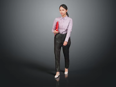 Woman wearing purple striped shirt and black pants holding red folder against gray background 3d model