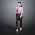 Woman wearing purple striped shirt and black pants holding red folder against gray background