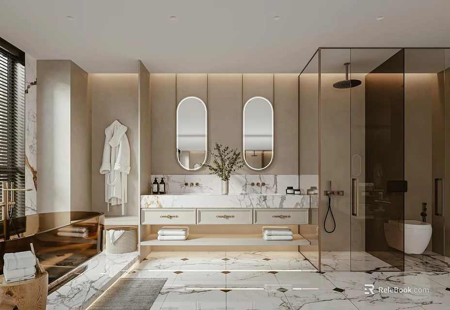 Modern Bathroom Interior Design With Double Mirrors Marble Counter Glass Shower And Cabinets 3d model 
