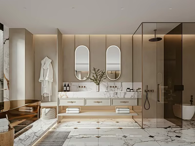 Modern Bathroom Interior Design With Double Mirrors Marble Counter Glass Shower And Cabinets 3d model