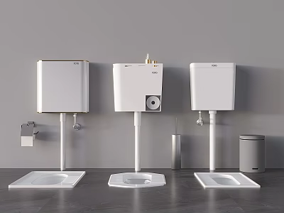 Three Modern Toilets Featuring Wall Mounted Cisterns And Floor Pans In Clean Bathroom 3d model
