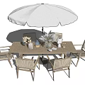 Outdoor Wooden Rectangular Table And Chairs Set With White Umbrella And Decorative Vases