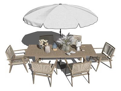 Outdoor Wooden Rectangular Table And Chairs Set With White Umbrella And Decorative Vases 3d model