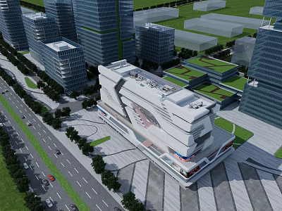 Aerial View Urban Planning Featuring Modern Skyscrapers Roads And Green Spaces 3d model